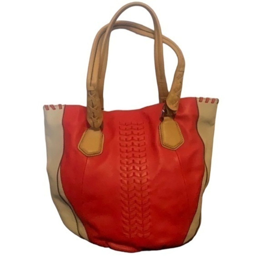 orYANY Tote purse Lyssie Colorblock Whipstitched Red/ tan leather Hobo Bag